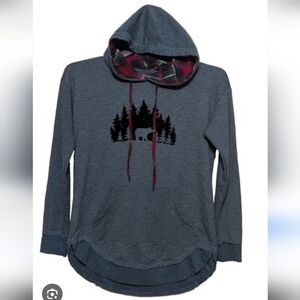 Maurices Frosted Green Hoodie w Velvet Forest & Bear Scene & Red Plaid Hood Sz L